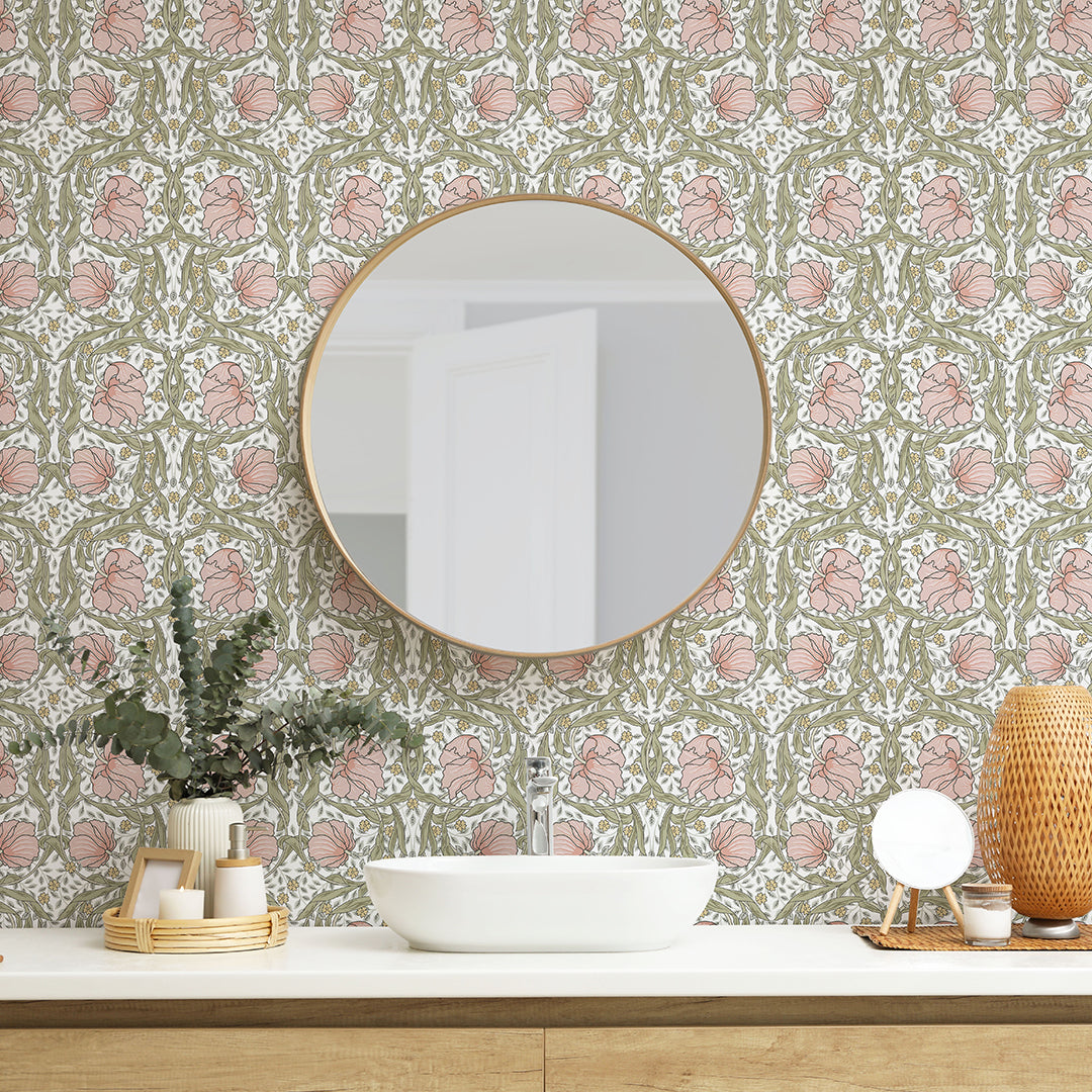 Light Pink & Green Pimpernel by Morris Wallpaper W166