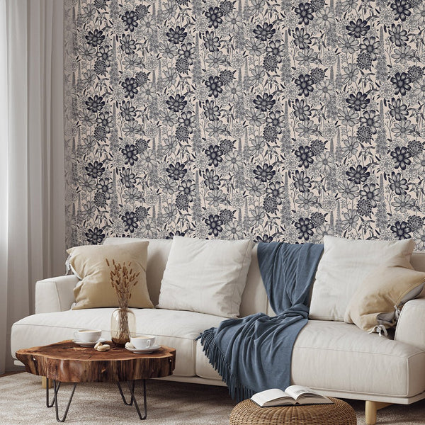 Beige Black Wild Flowers Wallpaper W139 - CostaCover - Peel and stick Removable Wallpaper - Abstract - abstract floral - abstract lines