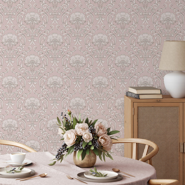 Large blush pink floral damask pattern with hand-drawn detail, perfect for a feature wall. Self-adhesive and easy to apply, made in the USA.