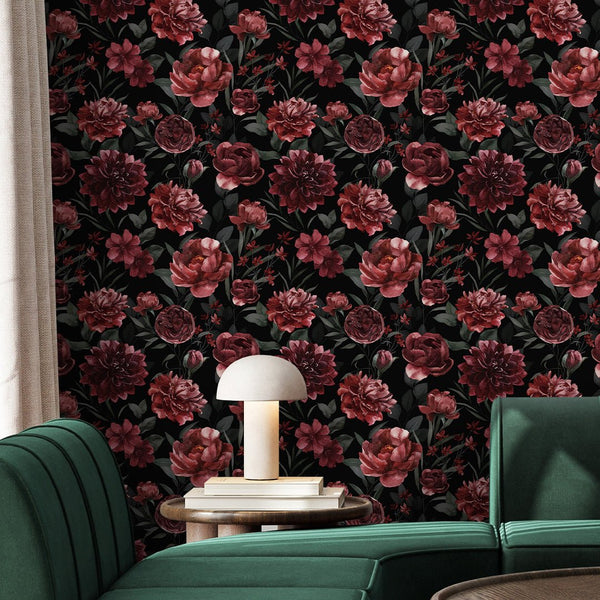 Dark Burgundy Flowers Wallpaper S057 - CostaCover - Peel and stick Removable Wallpaper - abstract wallpaper - accent wallpaper - adhesive wallpaper