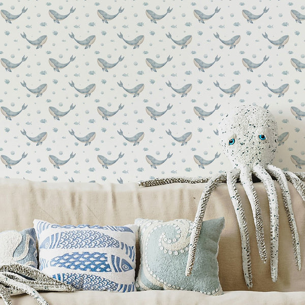 Blue Tiny Whales Wallpaper S085 - CostaCover - Peel and stick Removable Wallpaper - accent wallpaper - adhesive wallpaper - baby bedroom