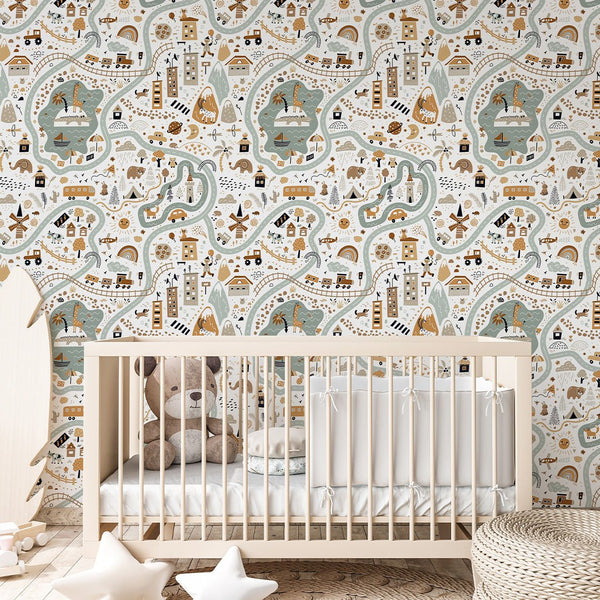 Cartoon World Map Wallpaper CC294 - CostaCover - Peel and stick Removable Wallpaper - adhesive wallpaper - animal print - Animal print wallpaper