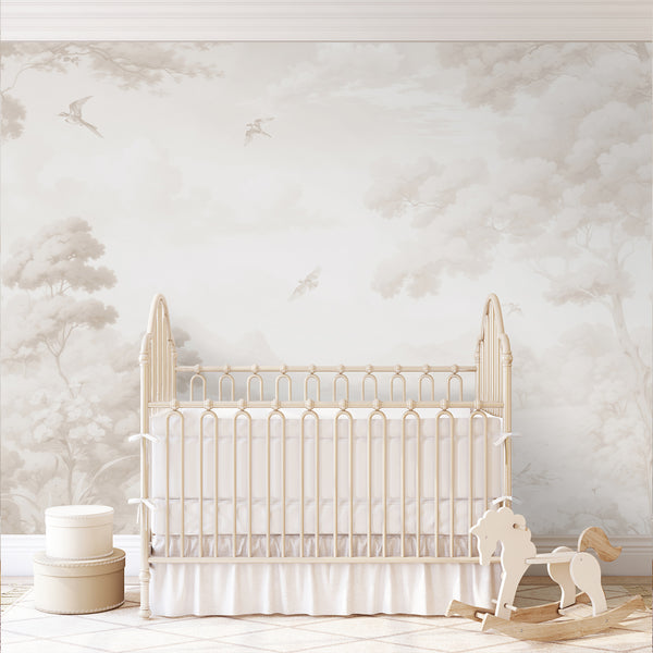 Beige wall mural with a serene river scene and misty hills, offering a calming backdrop for living spaces. The painterly quality and soft taupe tones make it ideal for those seeking a peaceful, vintage-inspired interior design.