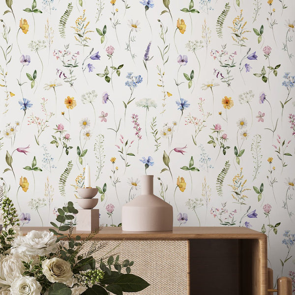 Colored Delicate Wildflowers Wallpaper S072 - CostaCover - Peel and stick Removable Wallpaper - accent wallpaper - adhesive wallpaper - baby bedroom