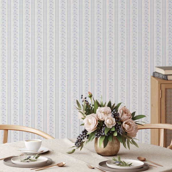 Blue Floral Stripe Wallpaper L129