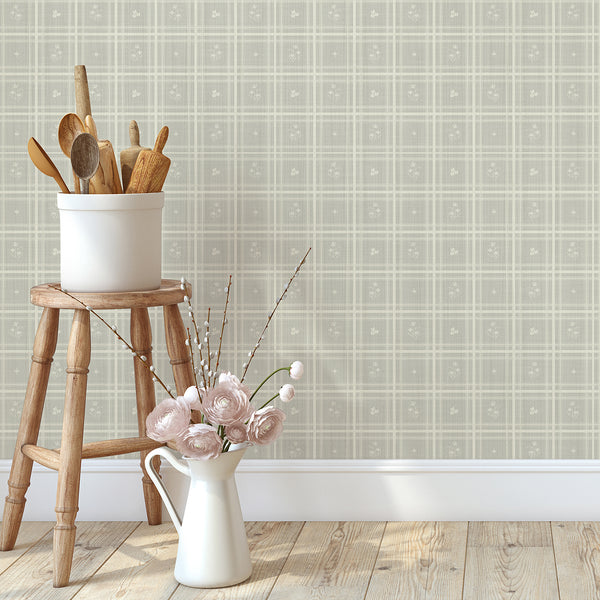 Sage Green Plaid Floral Wallpaper L147