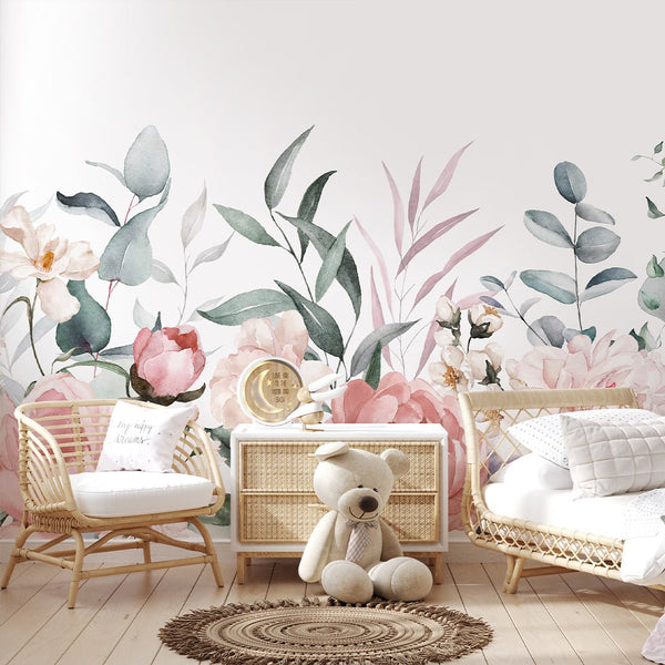 Pastel Pink Green Floral Wall Mural SM024 - CostaCover - Peel and stick Removable Wallpaper - accent wallpaper - adhesive wallpaper - baby bedroom