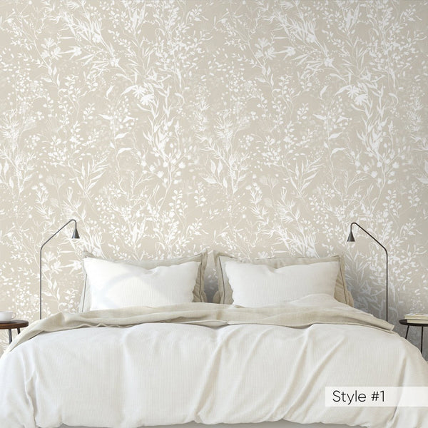 Beige & White Floral Wallpaper W050 - CostaCover - Peel and stick Removable Wallpaper - abstract floral - accent wallpaper - adhesive wallpaper