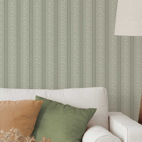 Sage Green Floral Stripe Wallpaper L130