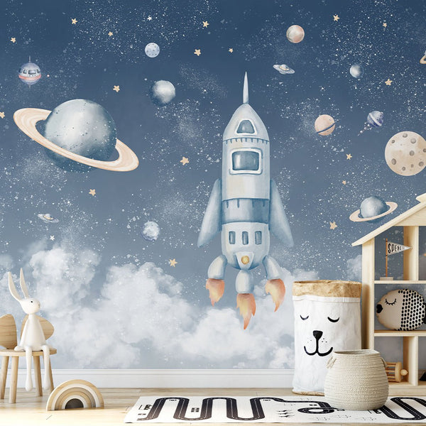 Blue Spaceship & Planets Wall Mural SM090 - CostaCover - Peel and stick Removable Wallpaper - accent wallpaper - adhesive wallpaper - baby bedroom