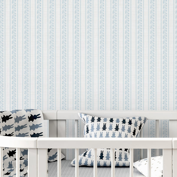 Cottagecore wallpaper in soft blue and white with narrow floral stripe columns, botanical linework, and a subtle woven texture for charming interiors.