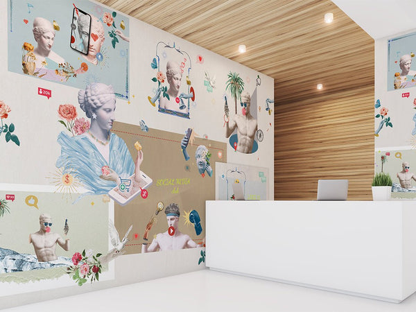 Social Media with Greek Statues Wall Mural CCM153 - CostaCover - Peel and stick Removable Wallpaper - Abstract - abstract mural - abstract wallpaper