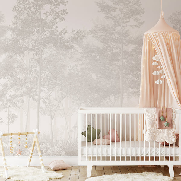 Misty forest mural featuring low-contrast neutral tones, perfect for expanding visual space in Scandinavian-style interiors.