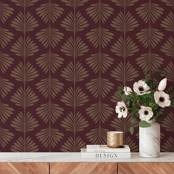 Burgundy Palm Leaf Wallpaper L016