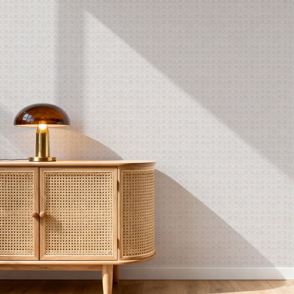 Vintage dusty pink damask wallpaper featuring a small-scale repeating floral pattern on a soft white background for French country and cottagecore interiors.