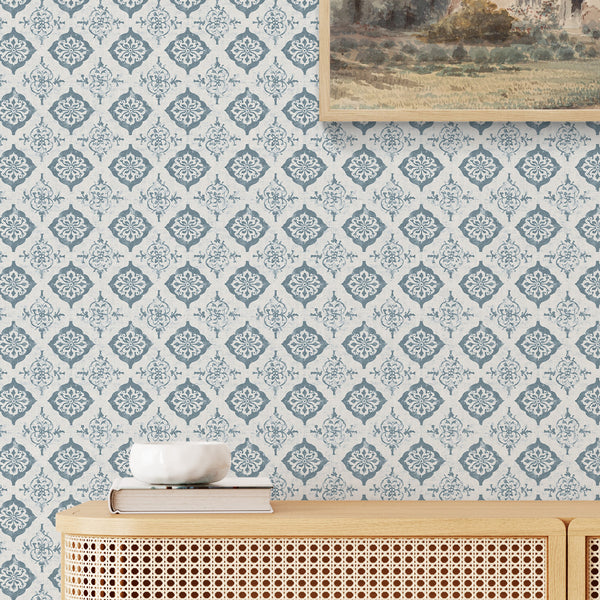 Blue Damask Medallion Wallpaper L085