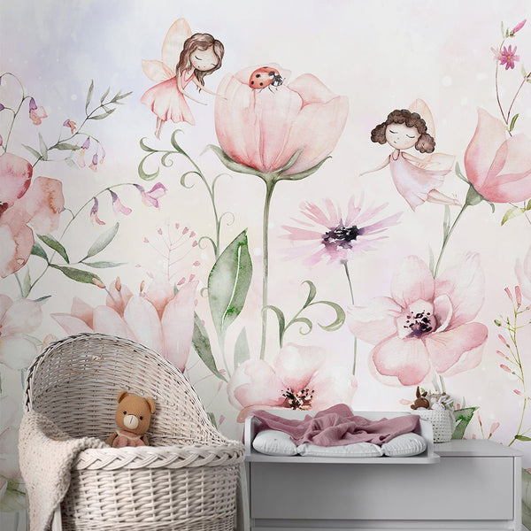 Cute Pink Flower Fairy Wall Mural SM053 - CostaCover - Peel and stick Removable Wallpaper - accent wallpaper - adhesive wallpaper - baby bedroom