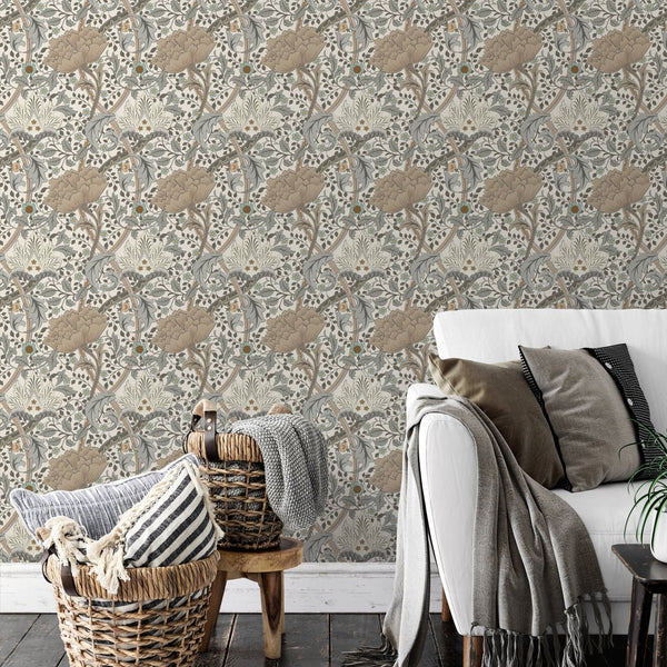 Dense botanical repeat of Beige Gray Windrush wallpaper with looping stems and engraved linework. Soft beige and gray tones create a classic mood. Perfect for accent walls in living spaces, eco-friendly materials used. Ideal for decorators seeking removable peel and stick wallpaper.