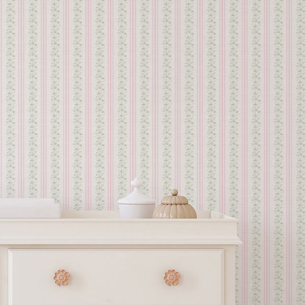 Pink Green Floral Stripe Wallpaper L131