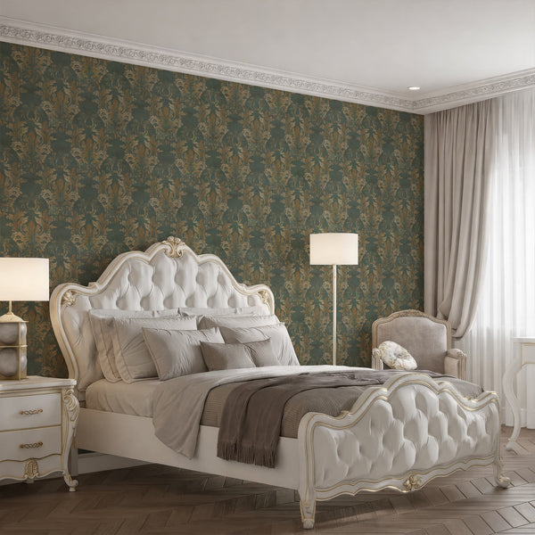 Peel and stick damask wallpaper featuring dark green tones, faded gold scrollwork, and a weathered plaster texture for elegant Victorian interiors.