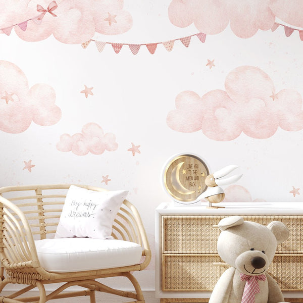 Pink Clouds Moon & Bunting Wall Mural SM072 - CostaCover - Peel and stick Removable Wallpaper - Abstract - abstract wall art - abstract wallpaper