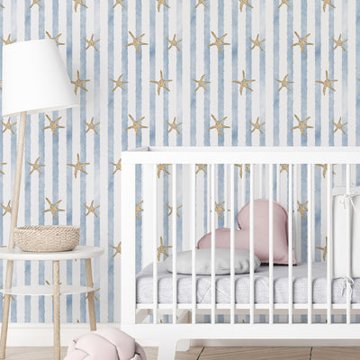 Blue Stripes & Starfish Wallpaper A068