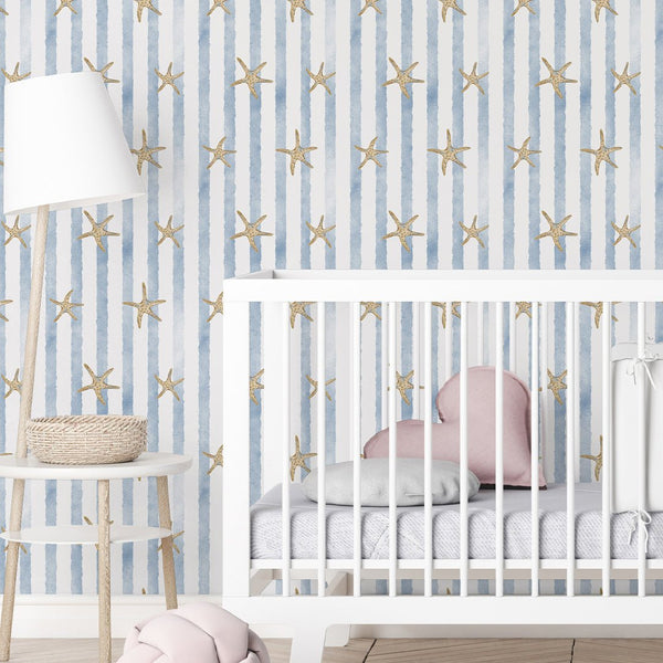 Blue Stripes & Starfish Wallpaper A068 - CostaCover-Peel and stick Removable Wallpaper-abstract wallpaper-accent wallpaper-adhesive wallpaper