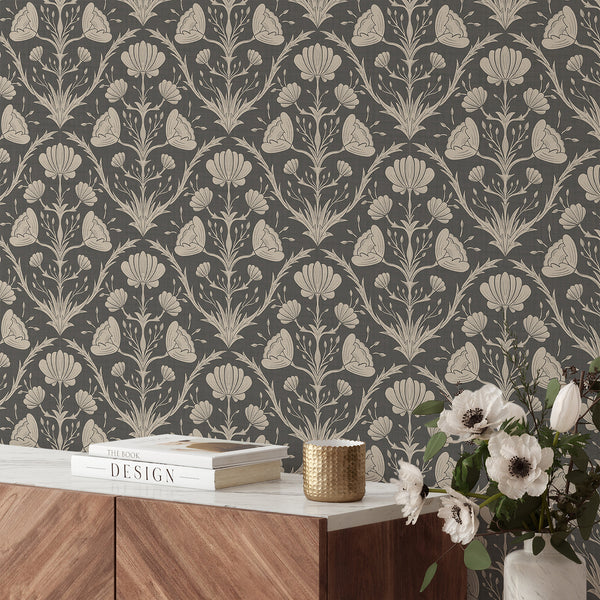 Self-adhesive floral wallpaper with warm beige on dark slate, offering a timeless, tailored look for elegant rooms.