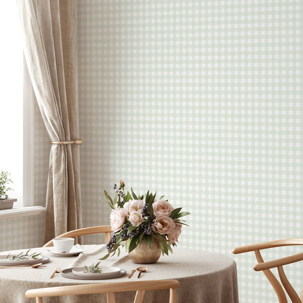 Preppy green gingham wallpaper featuring a structured plaid grid and subtle striped details for a charming kids room or bedroom wall.