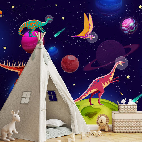 Dinosaurs in Space Wall Mural SM096 - CostaCover - Peel and stick Removable Wallpaper - accent wallpaper - adhesive wallpaper - bathroom wallpaper