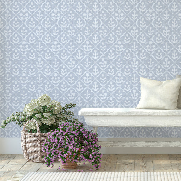 Dusty Blue Linen Floral Lattice Wallpaper L123