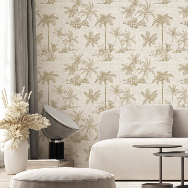 Beige Tropical Palm Toile Wallpaper A125