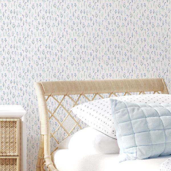 Blue Miniature Flowers Wallpaper S080 - CostaCover - Peel and stick Removable Wallpaper - accent wallpaper - adhesive wallpaper - aqua blue