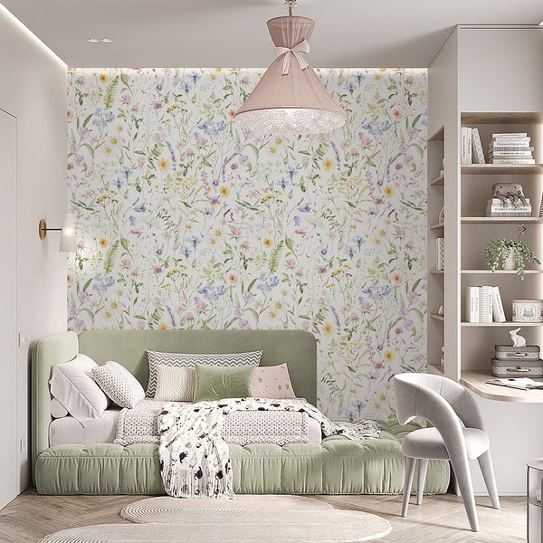 Pastel Delicate Wildflowers Wallpaper S073 - CostaCover - Peel and stick Removable Wallpaper - accent wallpaper - adhesive wallpaper - baby bedroom
