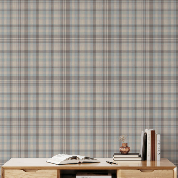 Vintage geometric wallpaper with large tartan checks in dusty blue, taupe, and beige, featuring fine zigzag detailing for rustic cottage-style interiors.