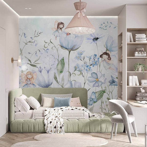 Cute Blue Flower Fairy Wall Mural SM054 - CostaCover - Peel and stick Removable Wallpaper - accent wallpaper - adhesive wallpaper - baby bedroom