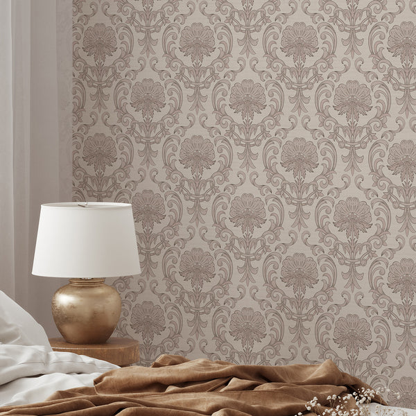 Ornate damask wallpaper in beige with floral medallions, perfect for enhancing dining rooms with a vintage feel. The warm taupe-beige outlines and dusty rose accents provide romantic elegance for French country interiors.