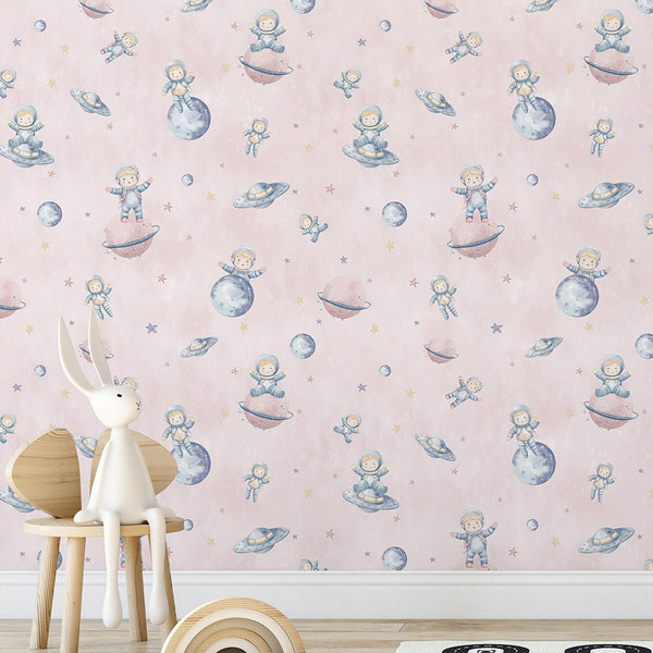 Pastel Pink Astronauts & Planets Wallpaper S132 - CostaCover-Peel and stick Removable Wallpaper-accent wallpaper-adhesive wallpaper-baby bedroom