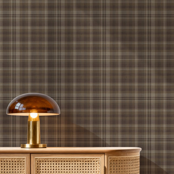 Removable dark brown plaid wallpaper featuring layered horizontal and vertical stripes with a subtle fabric-inspired texture for rustic farmhouse living rooms.
