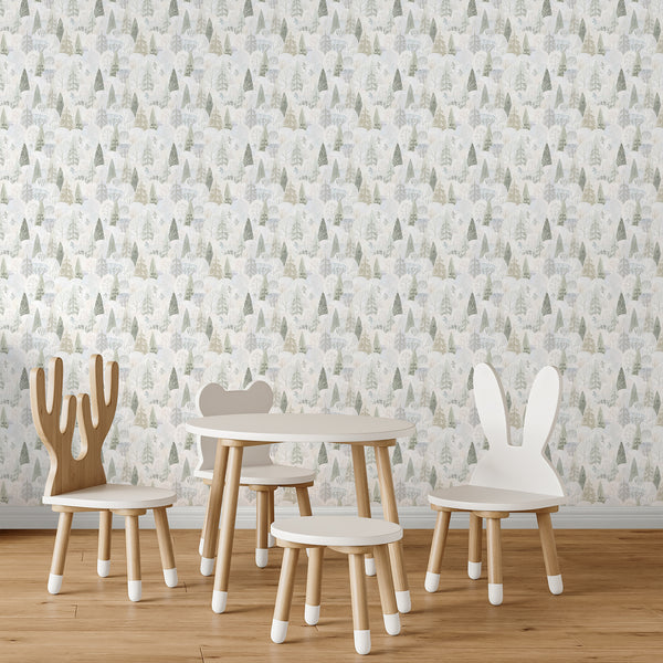 Scandinavian forest wallpaper displayed above a natural wood cabinet with woven rattan doors, featuring sage green trees and soft neutral woodland foliage.
