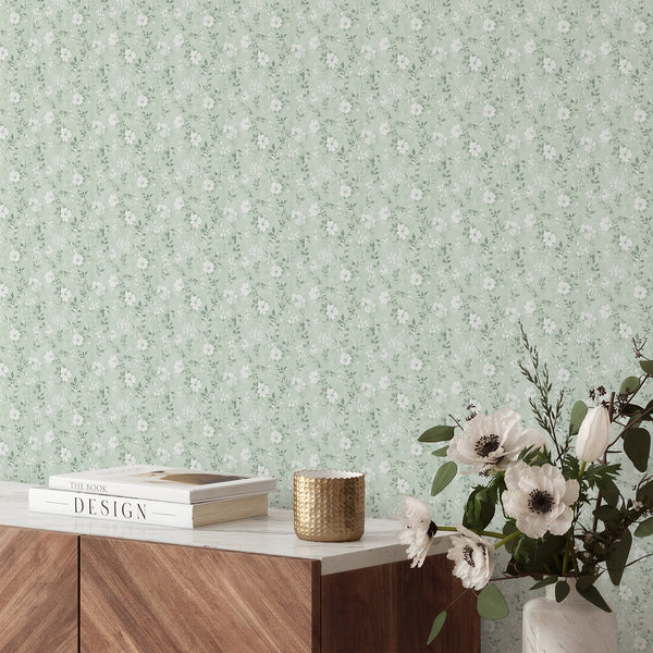 Soft Mint Green Wildflowers Wallpaper L079
