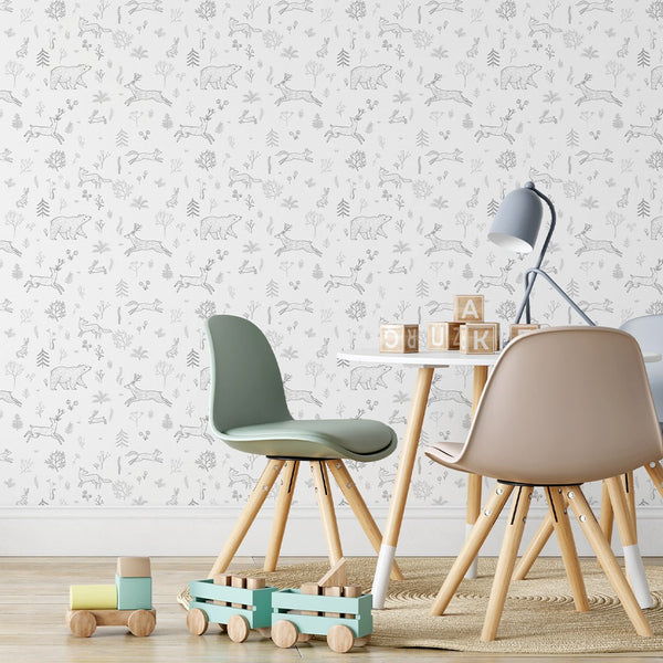 Gray Forest Animals Wallpaper S034 - CostaCover - Peel and stick Removable Wallpaper - abstract forest - abstract lines - accent wallpaper