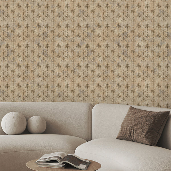 Antique style beige wallpaper with repeating dark brown damask motifs and weathered details for elegant French country and vintage home interiors.