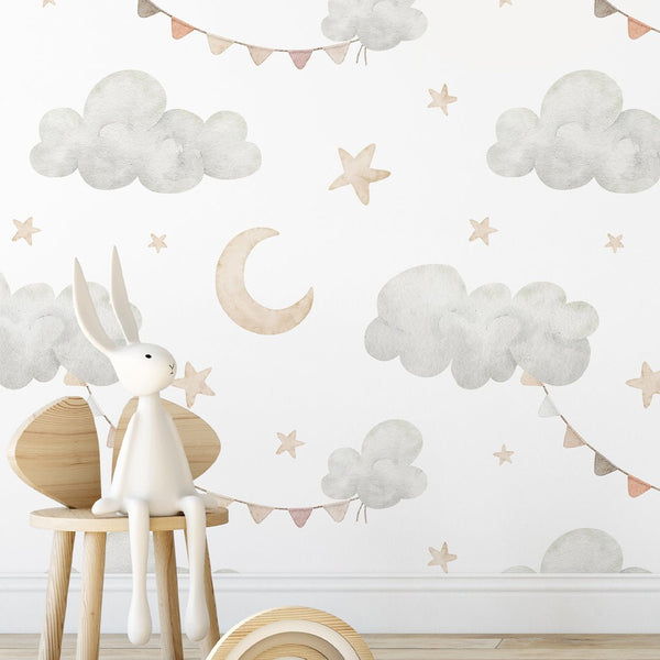 Clouds Moon & Bunting Wallpaper S112 - CostaCover - Peel and stick Removable Wallpaper - accent wallpaper - adhesive wallpaper - baby bedroom
