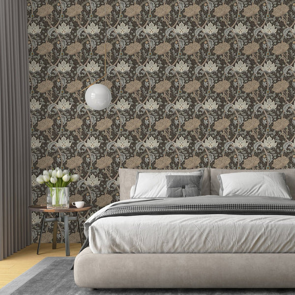 Heritage-inspired wallpaper with chocolate brown ground and beige blooms, perfect for classic interiors seeking William Morris style. Removable and ideal for renters.