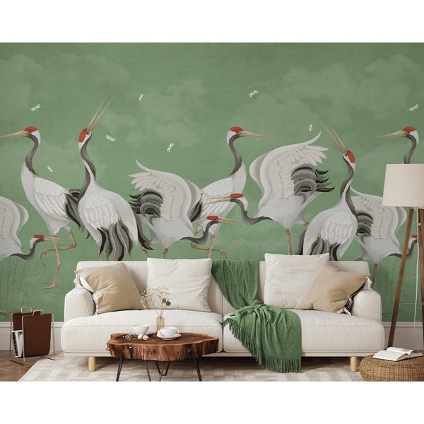 Green Japanese Cranes Wall Mural WM110 - CostaCover - Peel and stick Removable Wallpaper - accent wallpaper - adhesive wallpaper - bathroom wallpaper