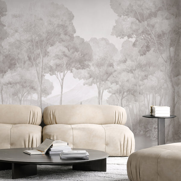 Large-scale neutral forest mural with painterly edges, ideal for a serene dining room. This self-adhesive wallpaper is made in the USA and offers easy application and repositioning.