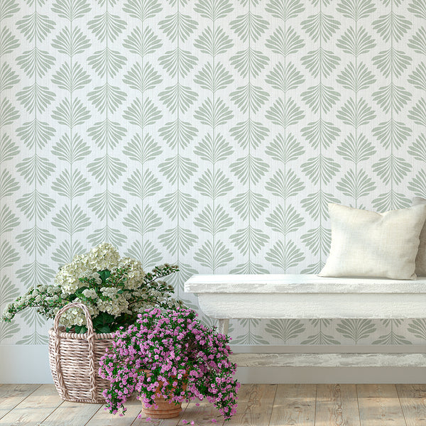 A vertically oriented wallpaper pattern with sage green palm leaves offers a modern coastal aesthetic. The removable peel and stick feature is easy to apply, ideal for renters seeking a stylish yet temporary wall decor solution.