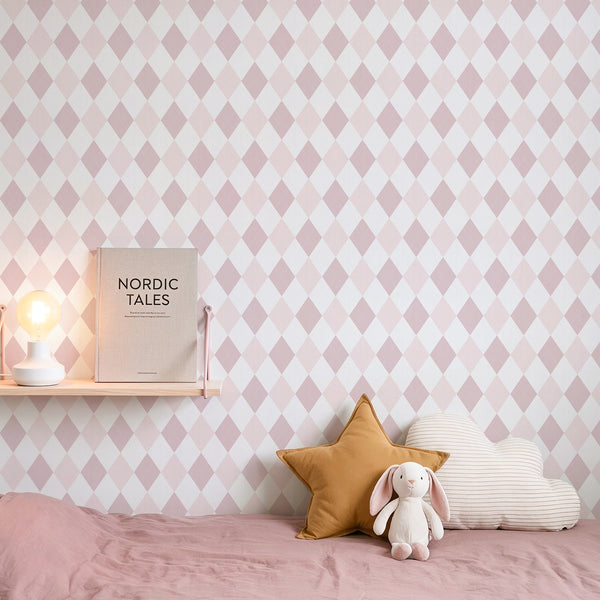 Two Color Pink Rhombus Wallpaper with a diamond lattice in blush pink and off-white. Creates a playful geometric texture for nurseries or bedrooms. Removable peel and stick, eco-friendly and made in the USA.