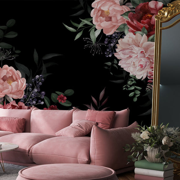 Dark Pink Red Flowers Bouquet Wall Mural SM030 - CostaCover - Peel and stick Removable Wallpaper - abstract floral - accent wallpaper - adhesive wallpaper